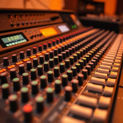 Gros plan d'une console de mixage audio professionnelle avec de nombreux boutons et curseurs.