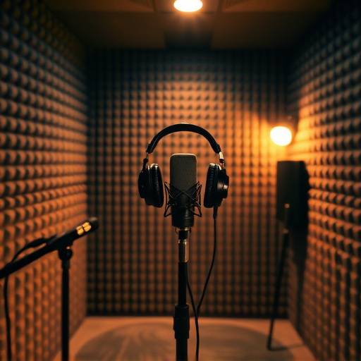 Intérieur d'une cabine d'enregistrement insonorisée avec un microphone de qualité studio et un casque audio.