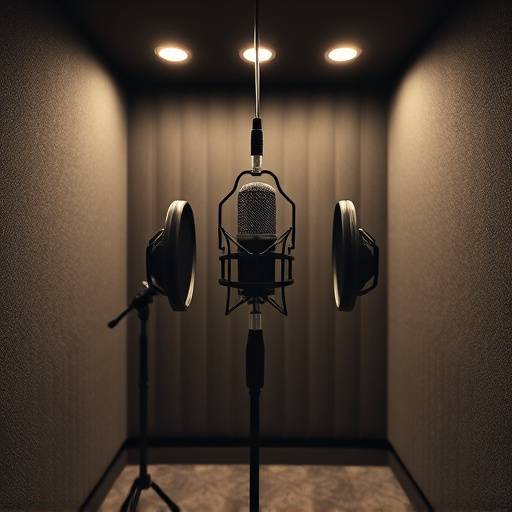Intérieur d'une cabine d'enregistrement insonorisée avec un microphone et un casque audio.