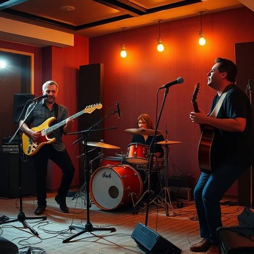 Le groupe Les Étoiles Filantes en pleine session d'enregistrement au Studio Sonore Étoile.