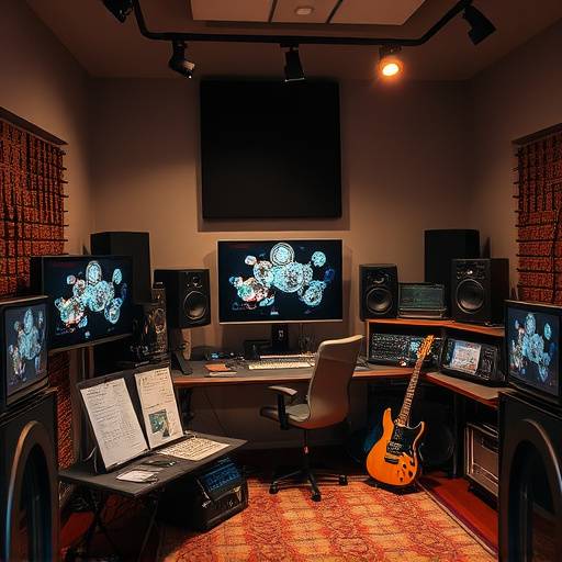 Une autre vue de l'équipement du studio, mettant en évidence les moniteurs de studio et les instruments de musique.