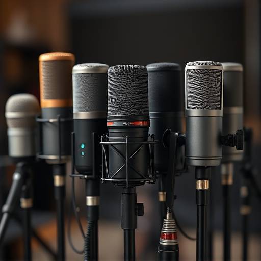 Une collection de microphones de studio professionnels présentés sur un fond flou. Microphones de différentes marques et styles. 