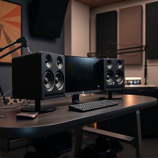 Une paire de moniteurs de studio professionnels placés sur un bureau dans un environnement d'enregistrement contrôlé.