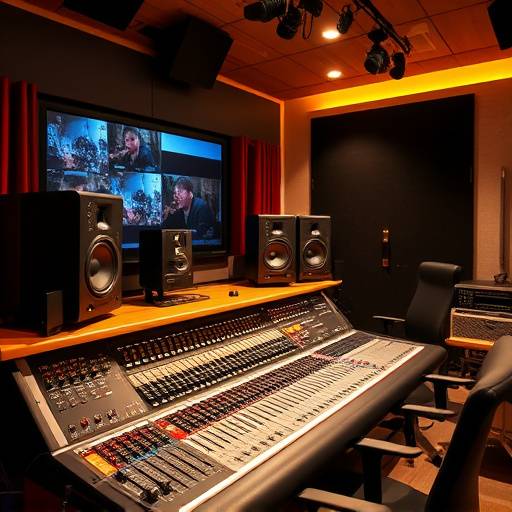 Vue de l'équipement de studio d'enregistrement, avec une console de mixage et des moniteurs de studio.